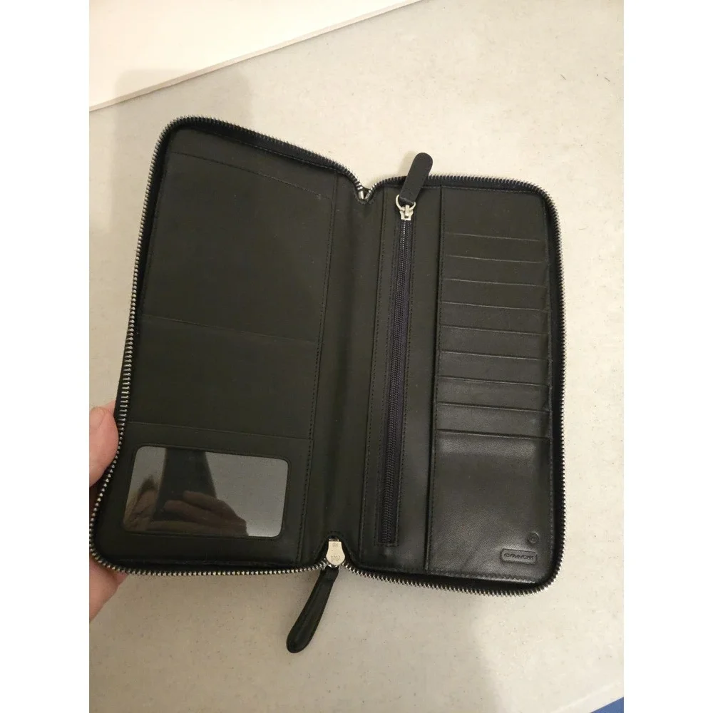 COACH Black Slim Business Card Holder Full Zip Organizer leather interior. In...